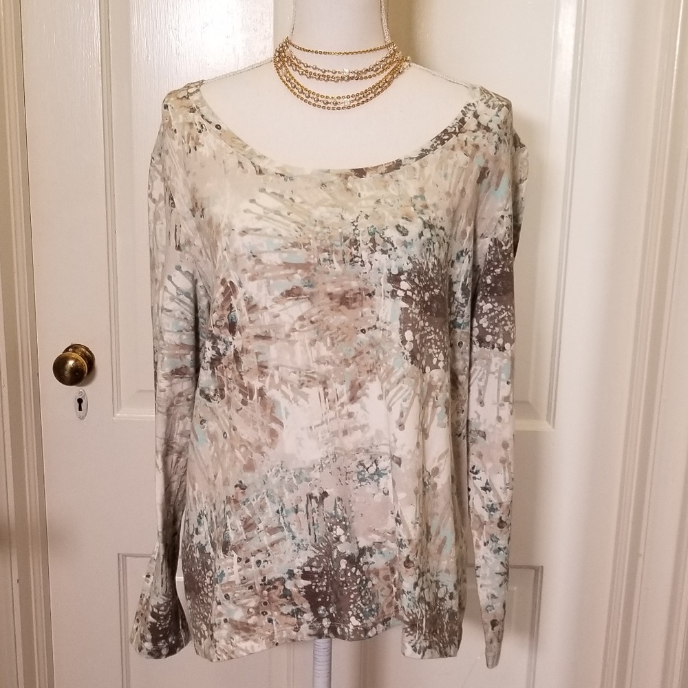 Chico's Scoop Neck Watercolor Long Sleeved Tee EUC